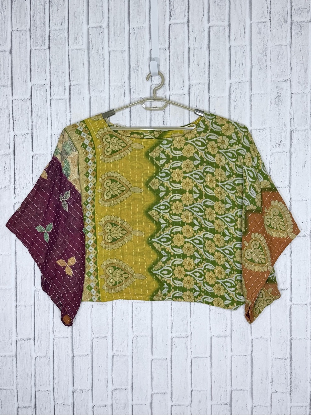 🌿 Kantha Patchwork Batwing Dolman Boxy Top One Size 100% Cotton
